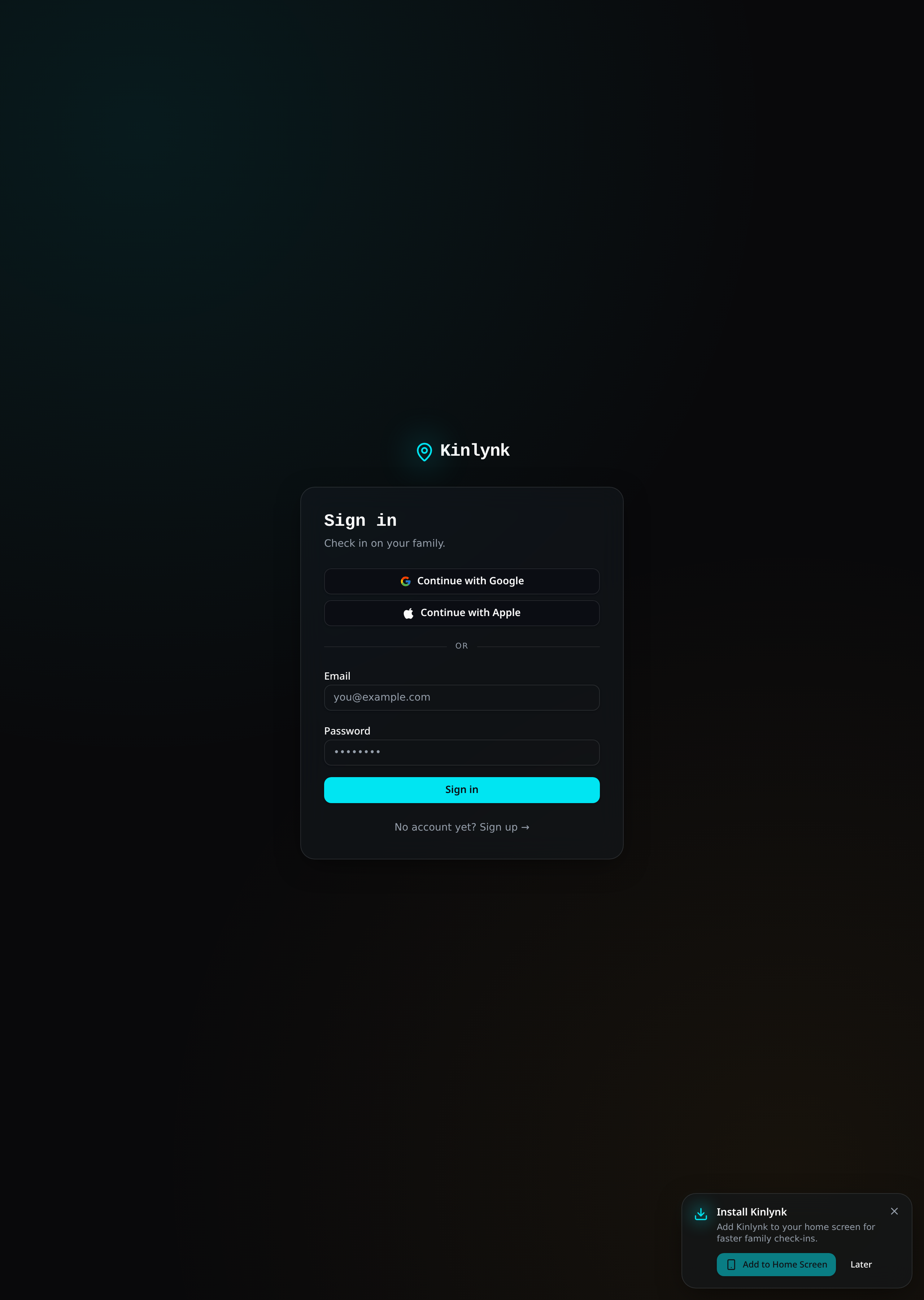 Kinlynk sign-in screen with Google, Apple, and email options